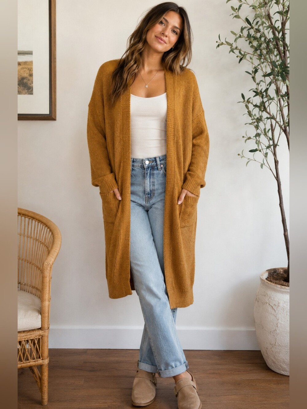Dreamers Mustard Long Open-Front Cardigan with Pockets
